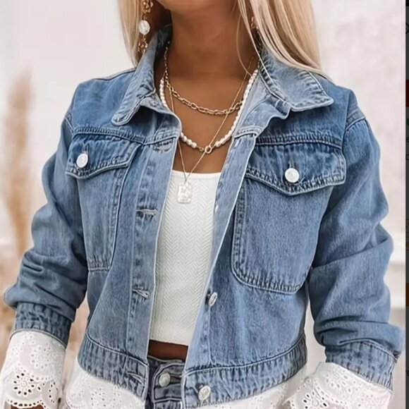 NWT Pretty Find Women's Stylish Lace-Trimmed Cropped Denim Jacket - Size L - Picture 1 of 3